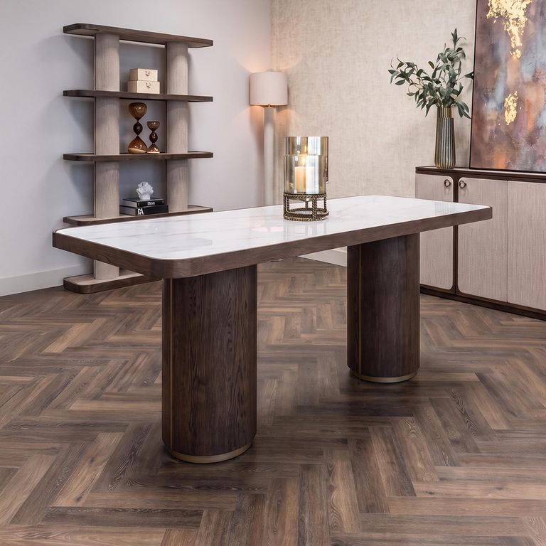 Willox Curved Dining Table - 235cm - 10 Seater - Double Pedestal - Beige and Brown - Glass and Oak