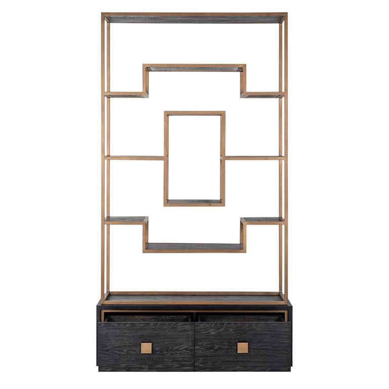 Hunter Black Oak Storage Shelving Unit with Gold Trim