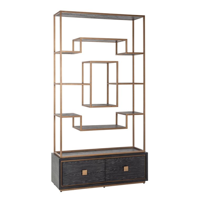 Hunter Black Oak Storage Shelving Unit with Gold Trim