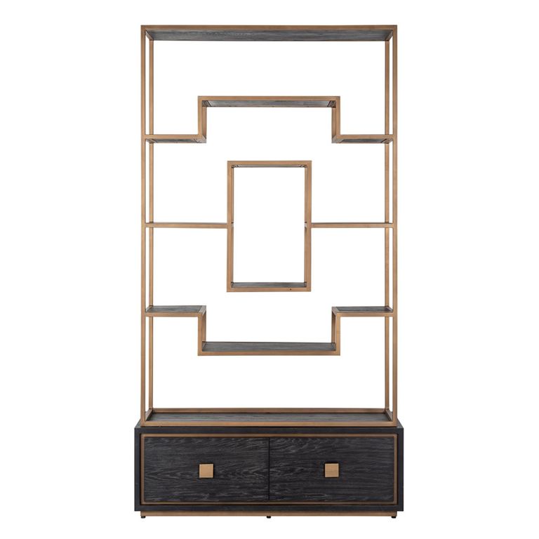 Hunter Black Oak Storage Shelving Unit with Gold Trim
