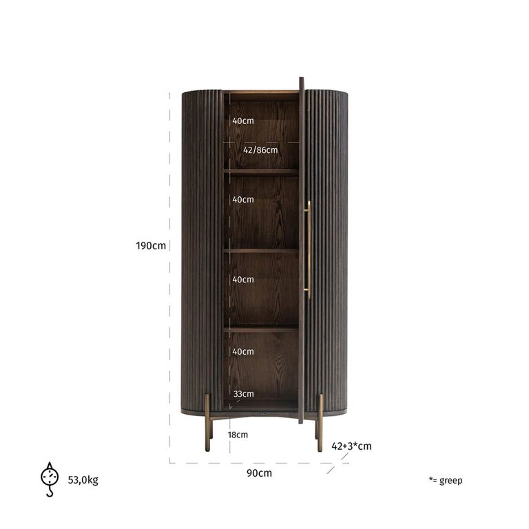 Luxor Brushed Brass Ribbed 1 Door Large Curved Cabinet