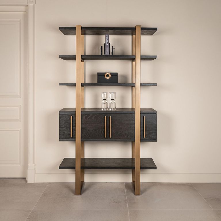 Cambon Dark Oak and Brass Storage Shelving Unit