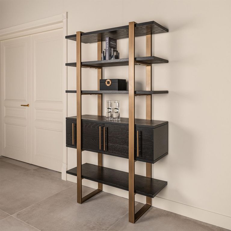 Cambon Dark Oak and Brass Storage Shelving Unit