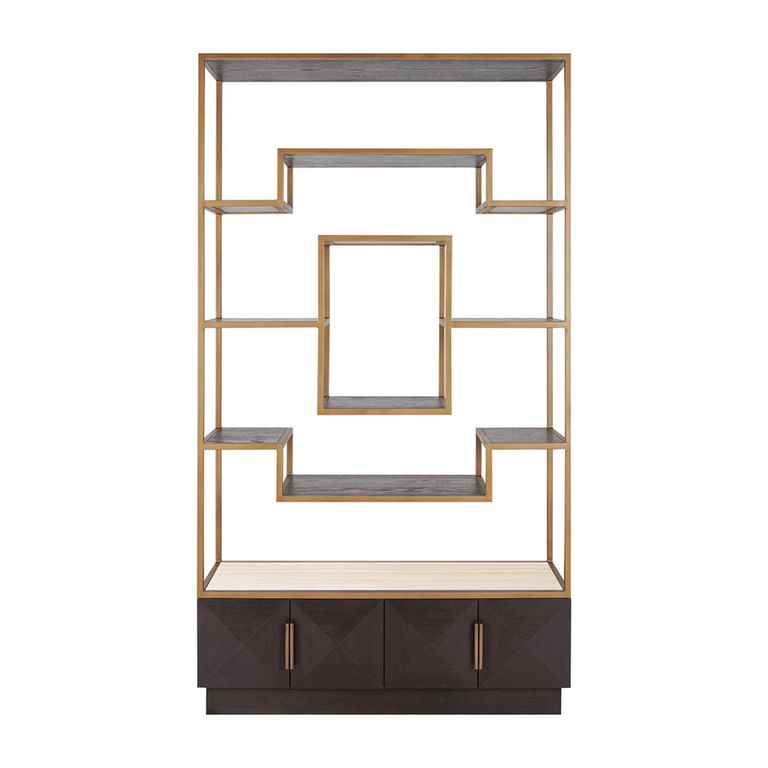 Claremont Dark Wood Storage Geometric Shelving Unit with Travertine Top