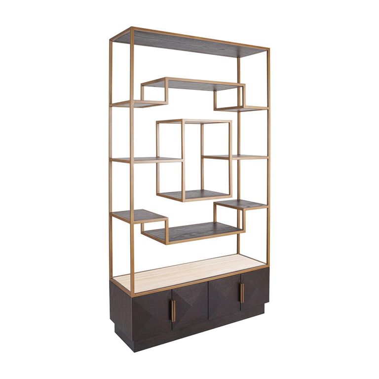 Claremont Dark Wood Storage Geometric Shelving Unit with Travertine Top