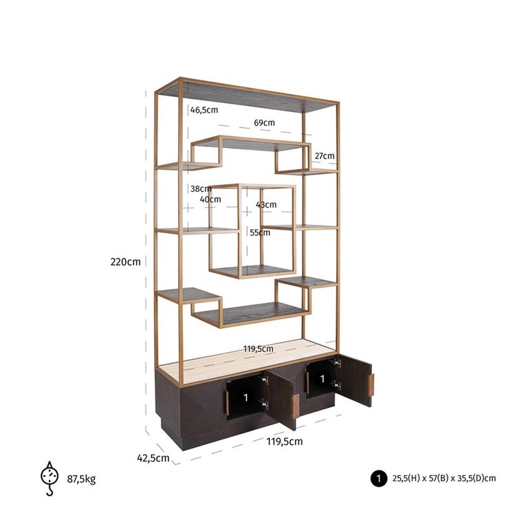 Claremont Dark Wood Storage Geometric Shelving Unit with Travertine Top