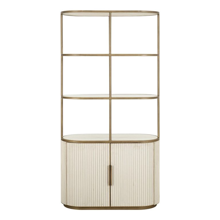 Tivoli Fluted Shelving Unit - 2 Door - with Gold Trim - White - Ceramic