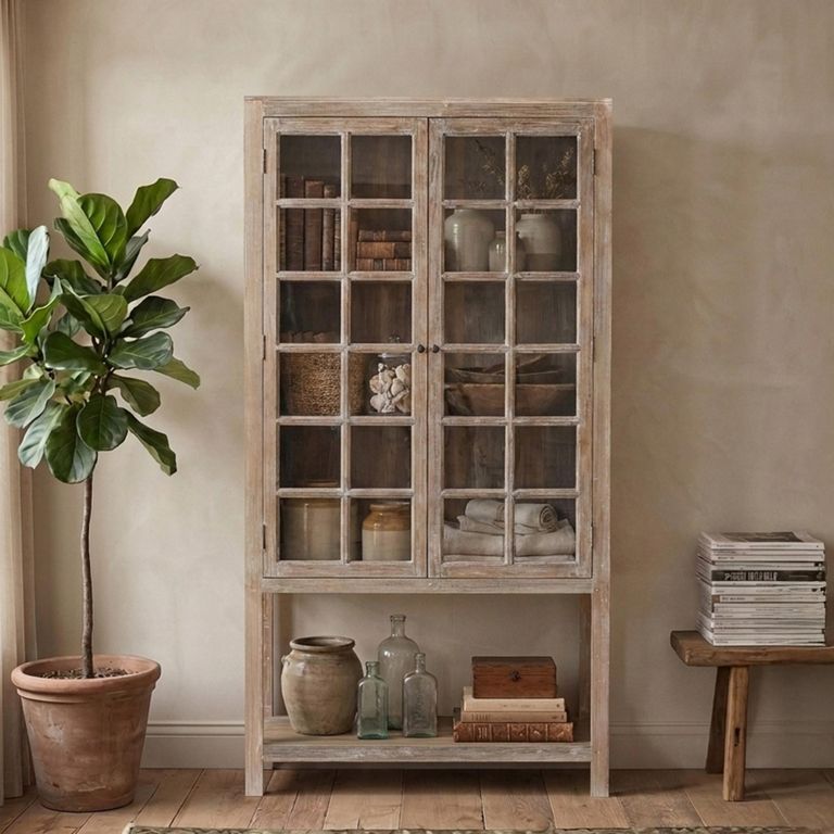 Arzana Distressed Display Cabinet - Windowpane - 2 Door - Natural - Glass and Wood