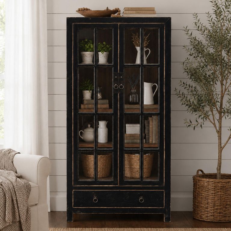 Distressed Display Cabinet - 2 Door - 1 Drawer - Black - Glass and Wood