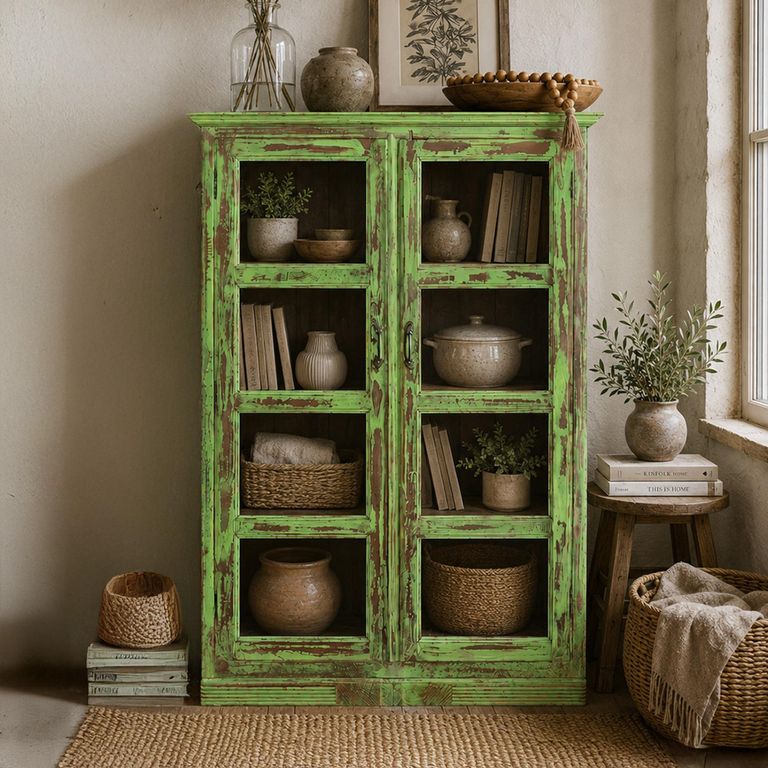 Distressed Display Cabinet - 2 Door - Vintage Green - Glass and Wood