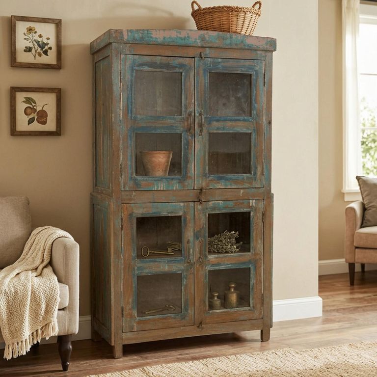 Distressed Display Cabinet - 4 Door - Vintage Blue - Glass and Wood