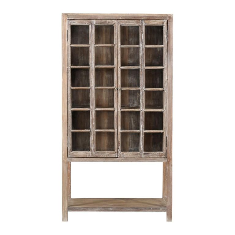 Arzana Distressed Display Cabinet - Windowpane - 2 Door - Natural - Glass and Wood