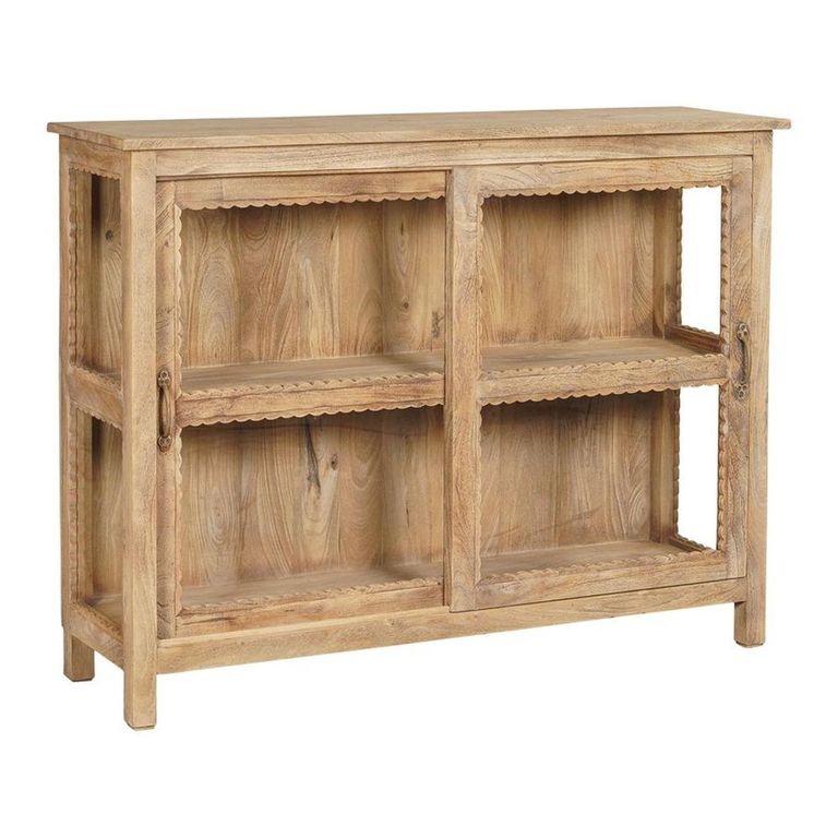 Daisy Carved Display Cabinet - 2 Door - Natural - Glass and Mango Wood