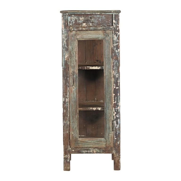 Distressed Display Cabinet - 1 Door - 1 Drawer - Vintage Brown - Glass and Wood