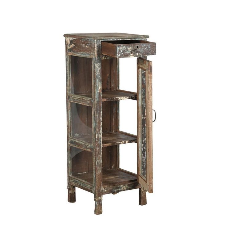 Distressed Display Cabinet - 1 Door - 1 Drawer - Vintage Brown - Glass and Wood