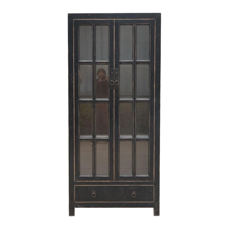 Distressed Display Cabinet - 2 Door - 1 Drawer - Black - Glass and Wood