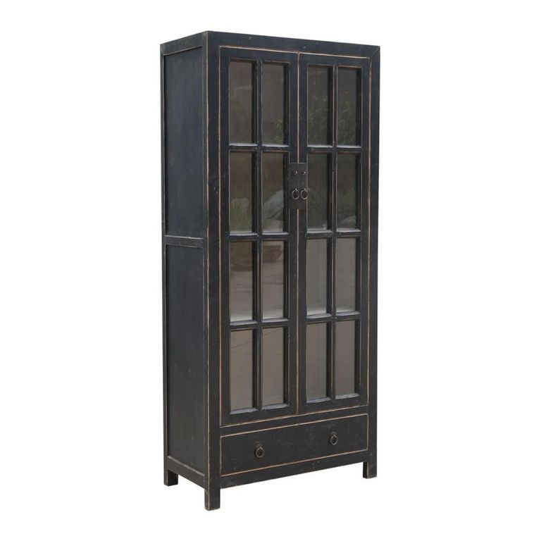 Distressed Display Cabinet - 2 Door - 1 Drawer - Black - Glass and Wood