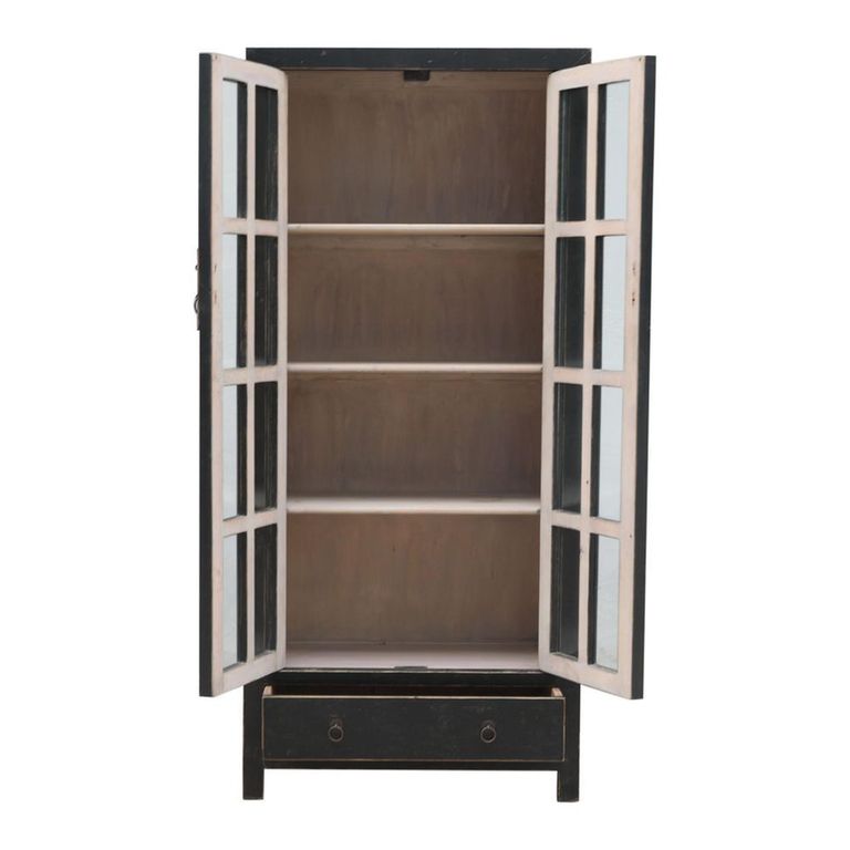 Distressed Display Cabinet - 2 Door - 1 Drawer - Black - Glass and Wood