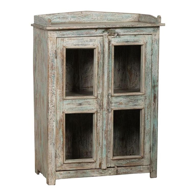 Distressed Display Cabinet - 2 Door - Pale Blue - Glass and Wood