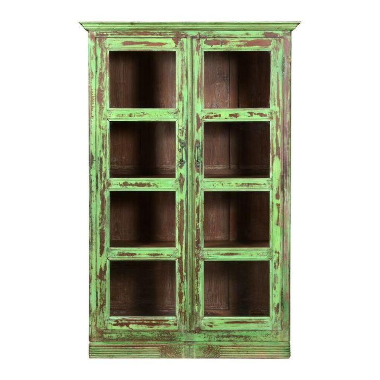 Distressed Display Cabinet - 2 Door - Vintage Green - Glass and Wood