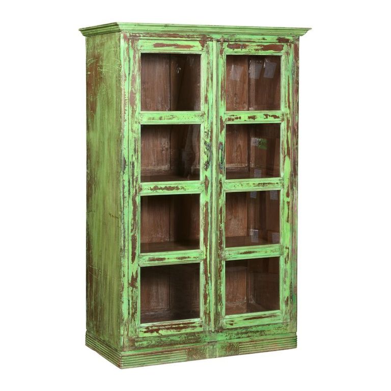 Distressed Display Cabinet - 2 Door - Vintage Green - Glass and Wood
