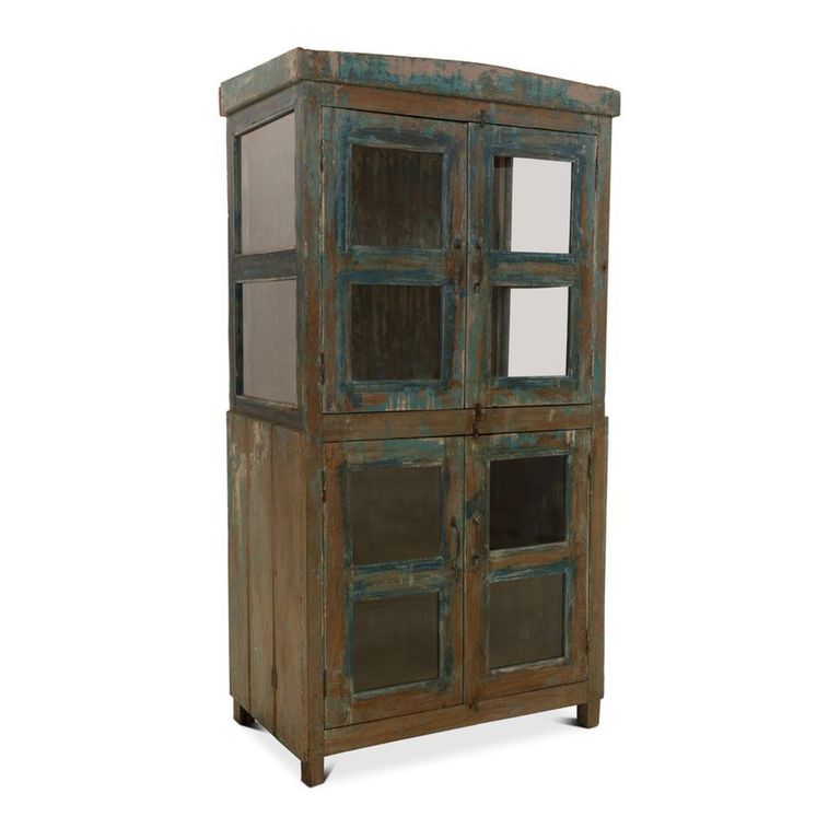 Distressed Display Cabinet - 4 Door - Vintage Blue - Glass and Wood