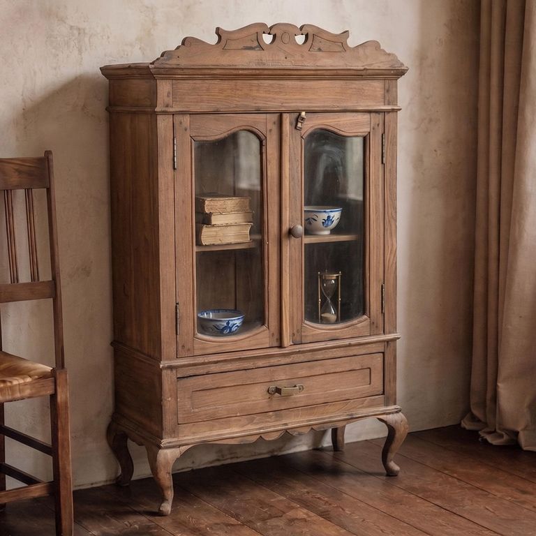 Carved Display Cabinet - 2 Door - 1 Drawer - Antique Brown - Glass and Wood