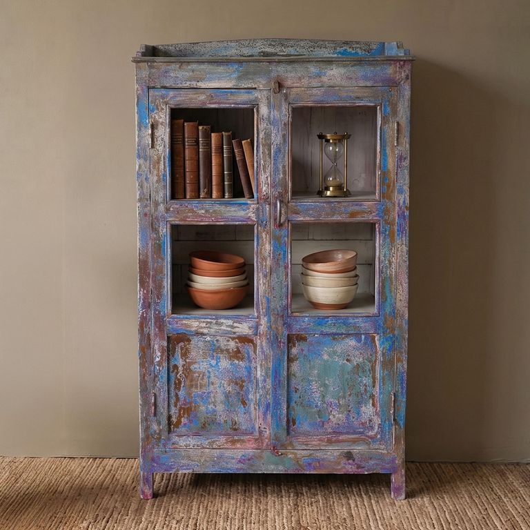 Distressed Display Cabinet - 2 Door - Multicolour - Glass and Wood