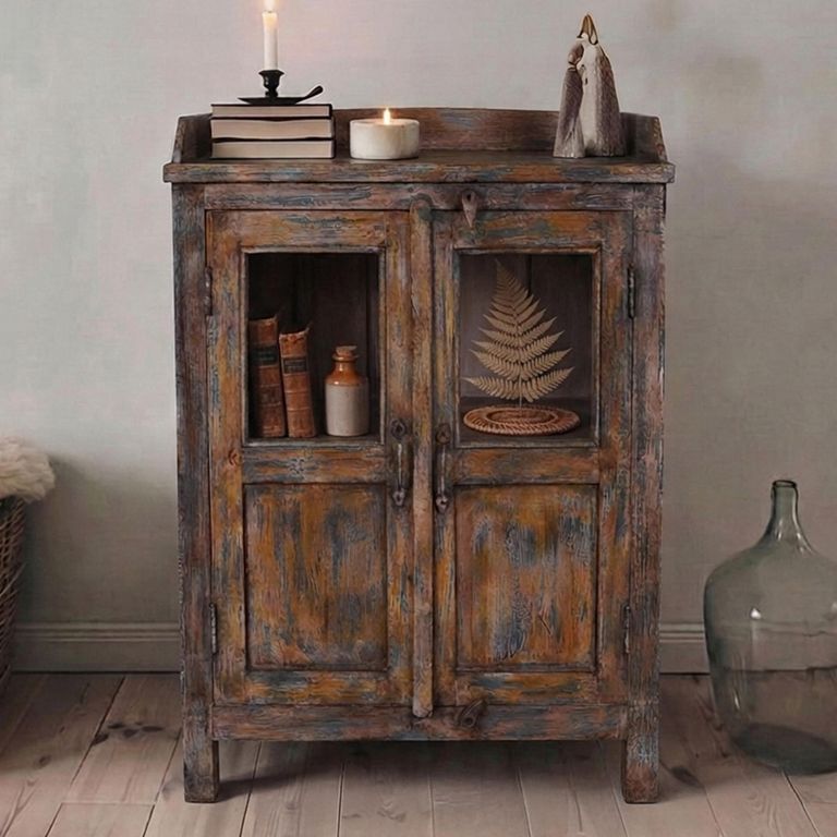 Distressed Display Cabinet - 2 Door - Weathered Brown - Glass and Wood