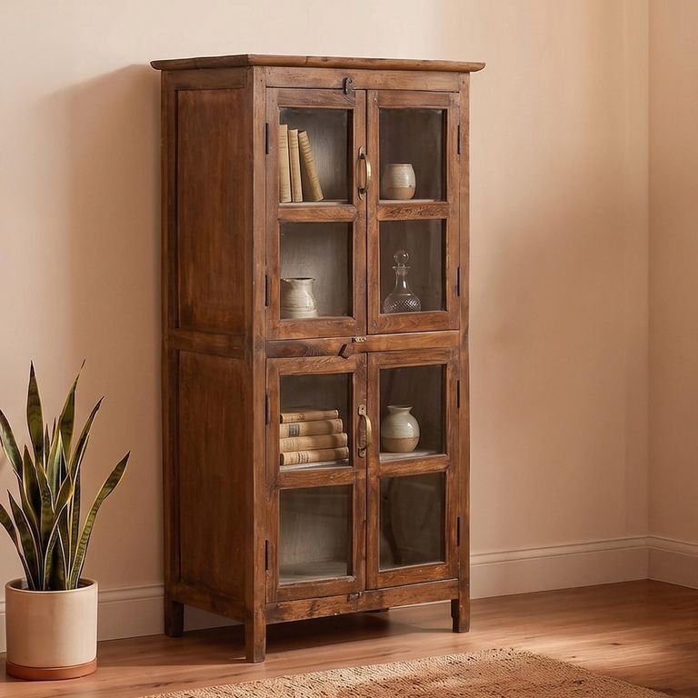 Handcrafted Display Cabinet - 4 Door - Antique Brown - Glass and Wood