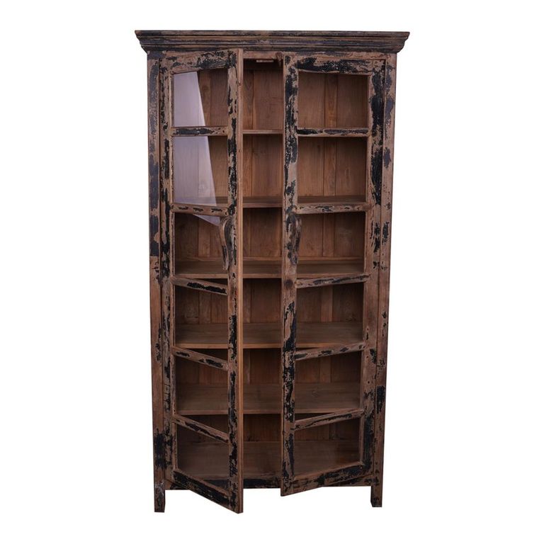Distressed Display Cabinet - 2 Door - Vintage Brown - Glass and Wood