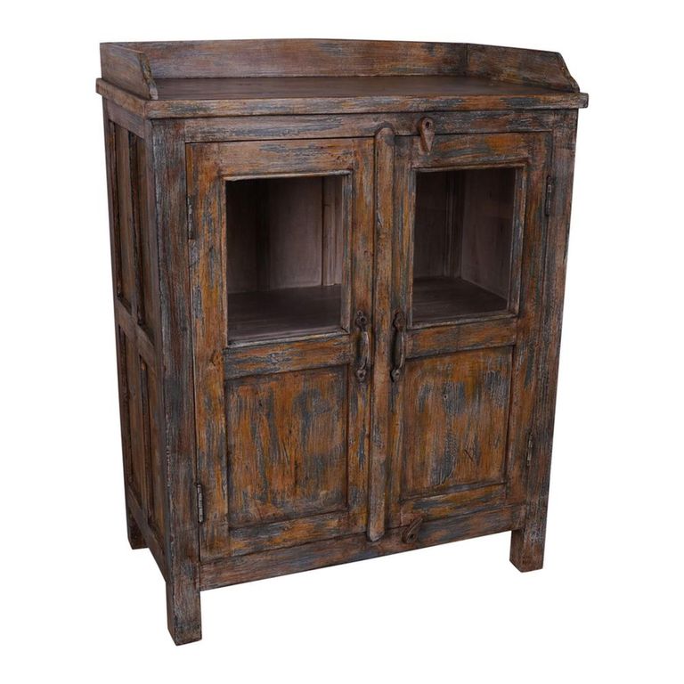Distressed Display Cabinet - 2 Door - Weathered Brown - Glass and Wood