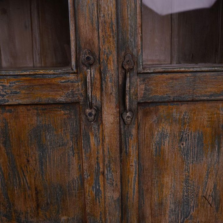 Distressed Display Cabinet - 2 Door - Weathered Brown - Glass and Wood