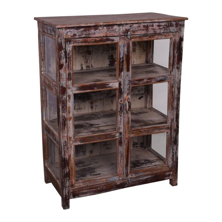 Distressed Display Cabinet - 2 Door - Vintage Brown - Glass and Acacia Wood