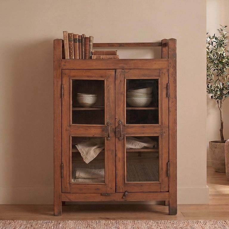 Unique One of a Kind - Display Cabinet - 2 Door - Rustic Brown - Glass and Wood