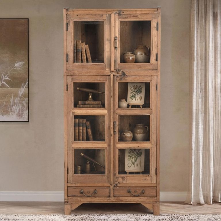 Unique One of a Kind - Display Cabinet - 4 Door - 2 Drawer - Rustic Natural - Glass and Wood