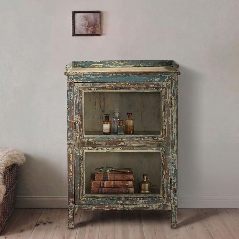 Unique One of a Kind - Distressed Display Cabinet - 1 Door - Vintage Blue - Glass and Wood