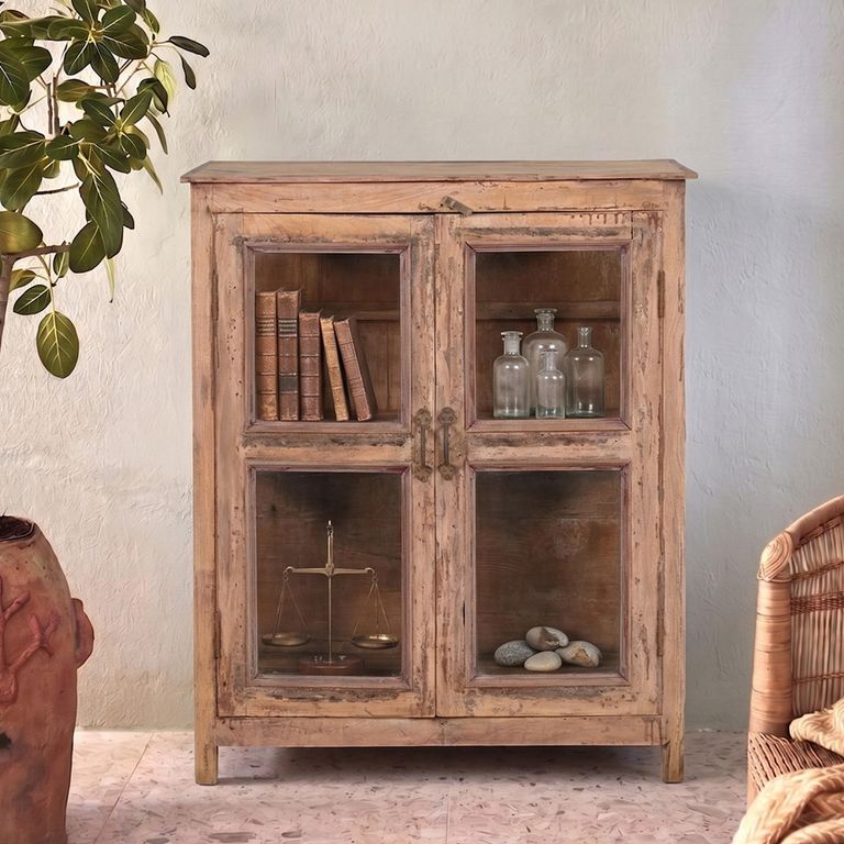 Unique One of a Kind - Distressed Display Cabinet - 2 Door - Rustic Natural - Glass and Wood