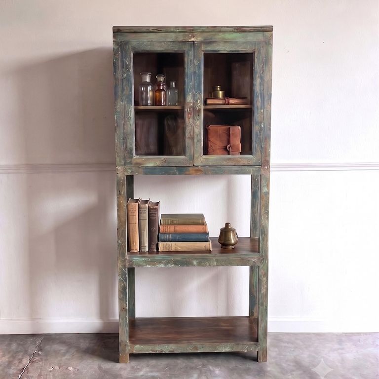 Unique One of a Kind - Distressed Display Cabinet - 2 Door - Weathered Blue and Green - Glass and Reclaimed Wood