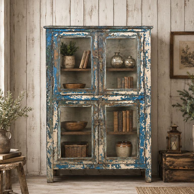 Unique One of a Kind - Distressed Display Cabinet - 4 Door - Weathered Blue - Glass and Wood
