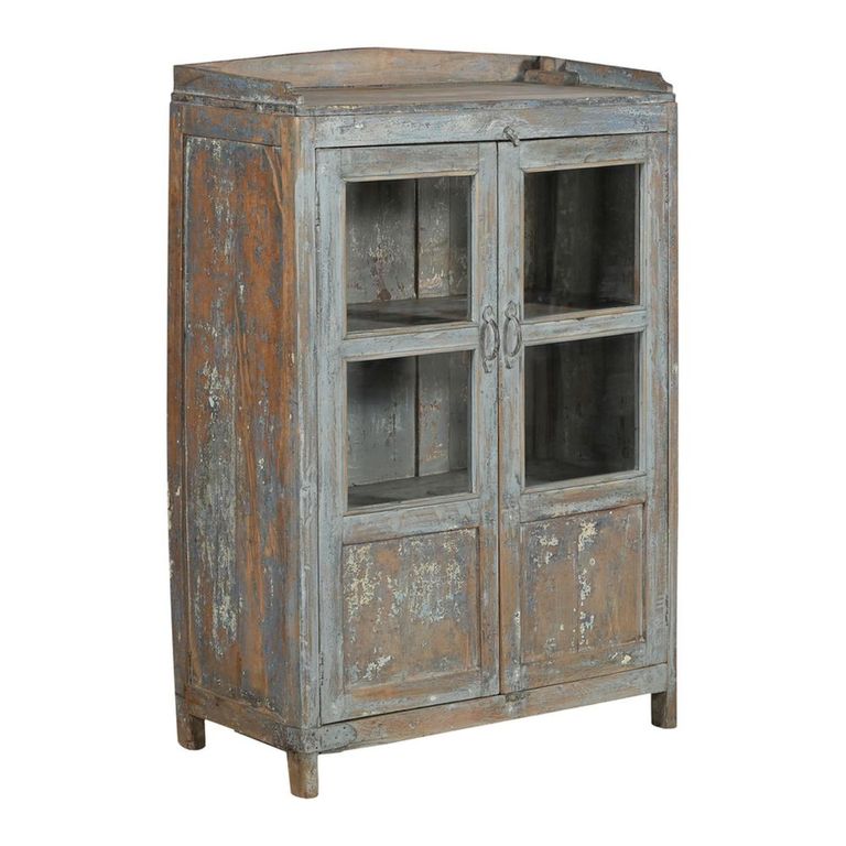 Unique One of a Kind - Distressed Display Cabinet - 2 Door - Vintage Grey - Glass and Wood