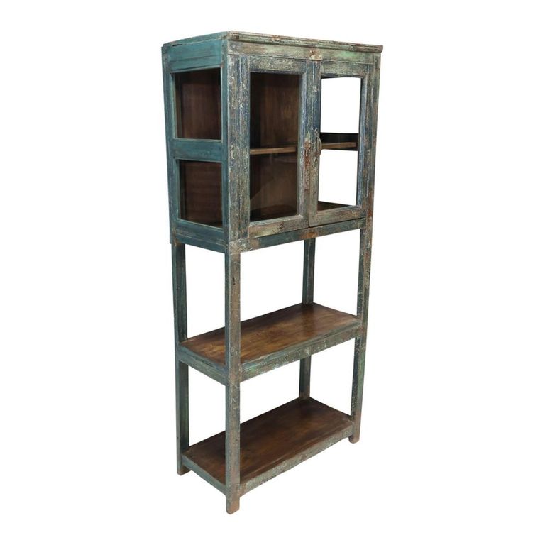 Unique One of a Kind - Distressed Display Cabinet - 2 Door - Weathered Blue and Green - Glass and Reclaimed Wood