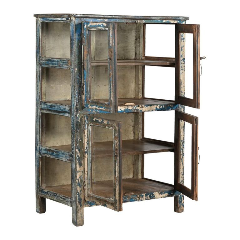Unique One of a Kind - Distressed Display Cabinet - 4 Door - Weathered Blue - Glass and Wood
