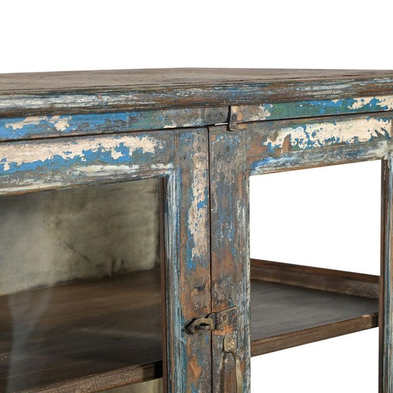 Unique One of a Kind - Distressed Display Cabinet - 4 Door - Weathered Blue - Glass and Wood