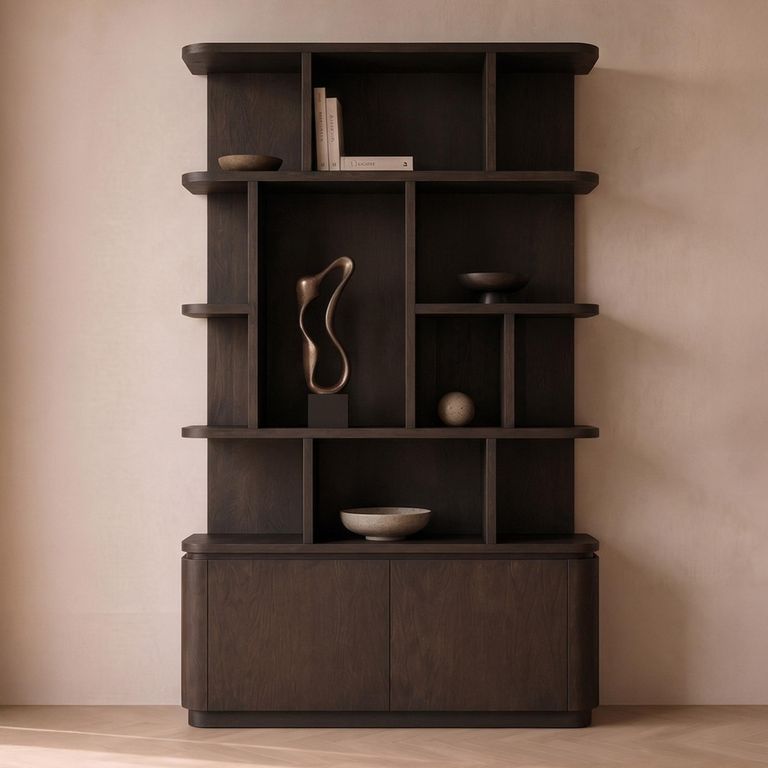 Rivano Oak Curved Display Cabinet - 2 Door - Geometric Design - Basalt