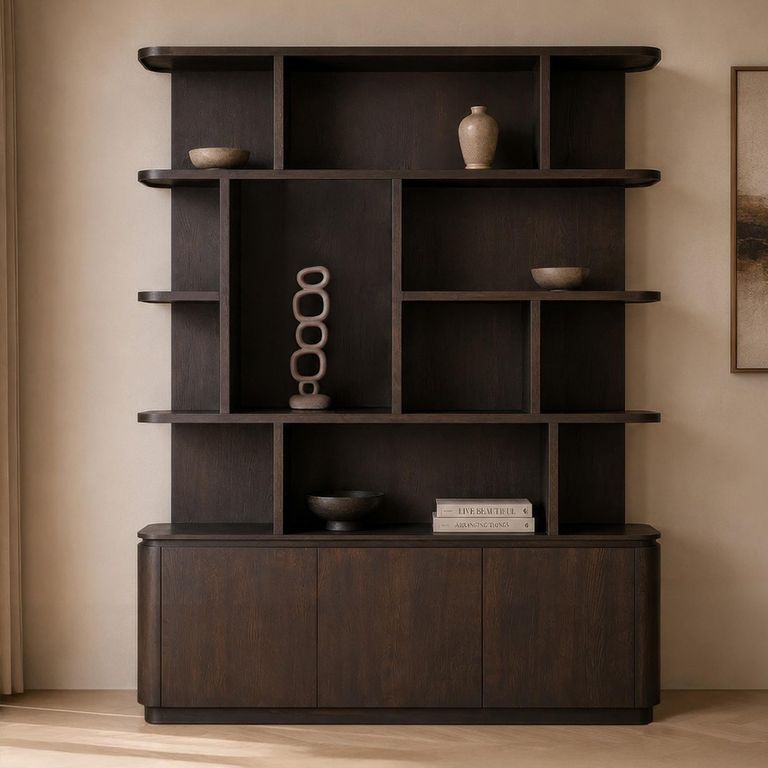 Rivano Oak Curved Display Cabinet - 3 Door - Geometric Design - Basalt