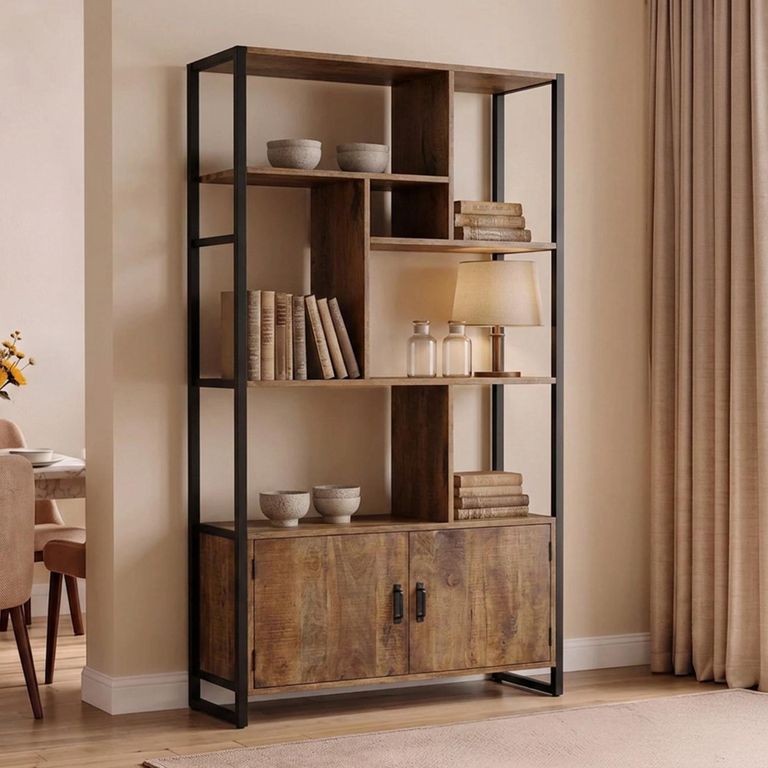 Strong Display Cabinet - 2 Door - Geometric Design - Natural - Mango Wood