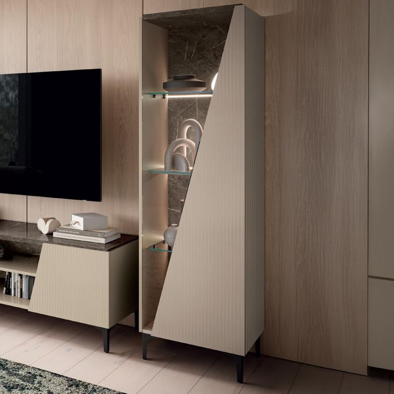 Fidia Italian Fluted Vitrine - 1 Right Door - Emperador Taupe - Glass and Marquinia Marble Effect