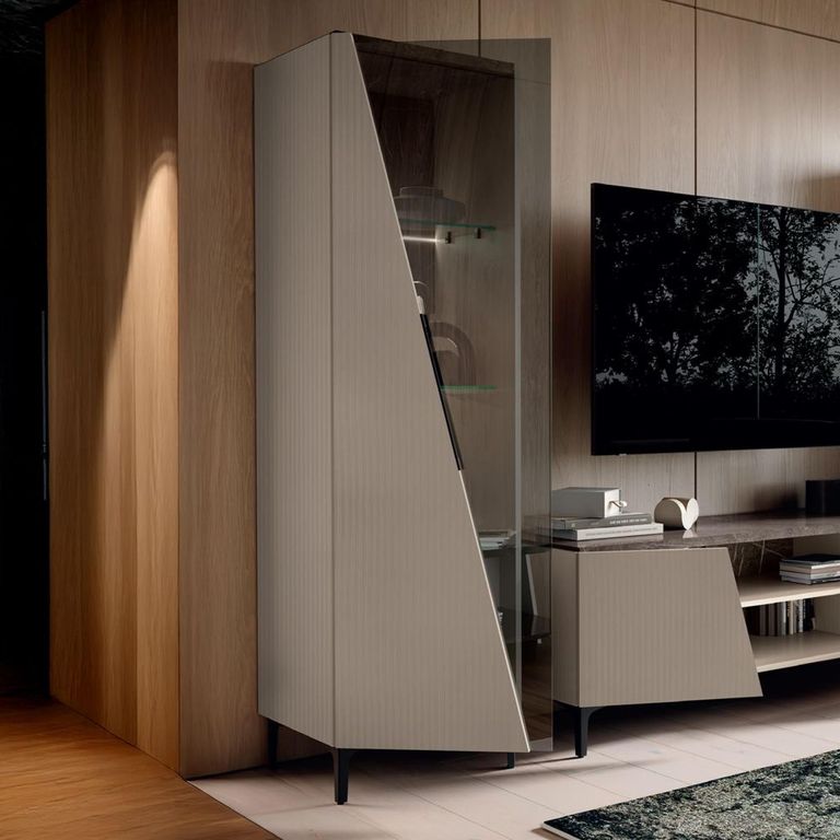 Fidia Italian Fluted Vitrine - 1 Left Door - Emperador Taupe - Glass and Marquinia Marble Effect