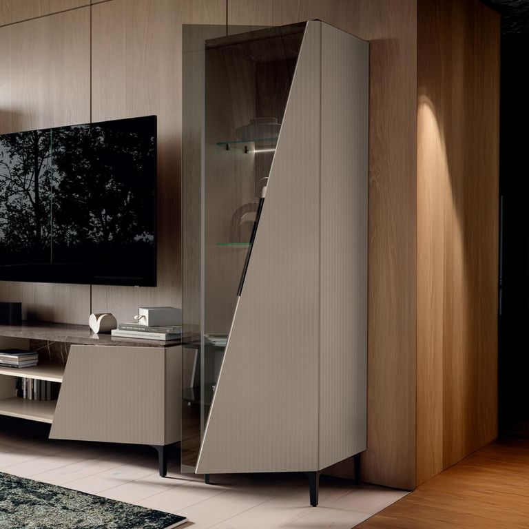 Fidia Italian Fluted Vitrine - 1 Right Door - Emperador Taupe - Glass and Marquinia Marble Effect
